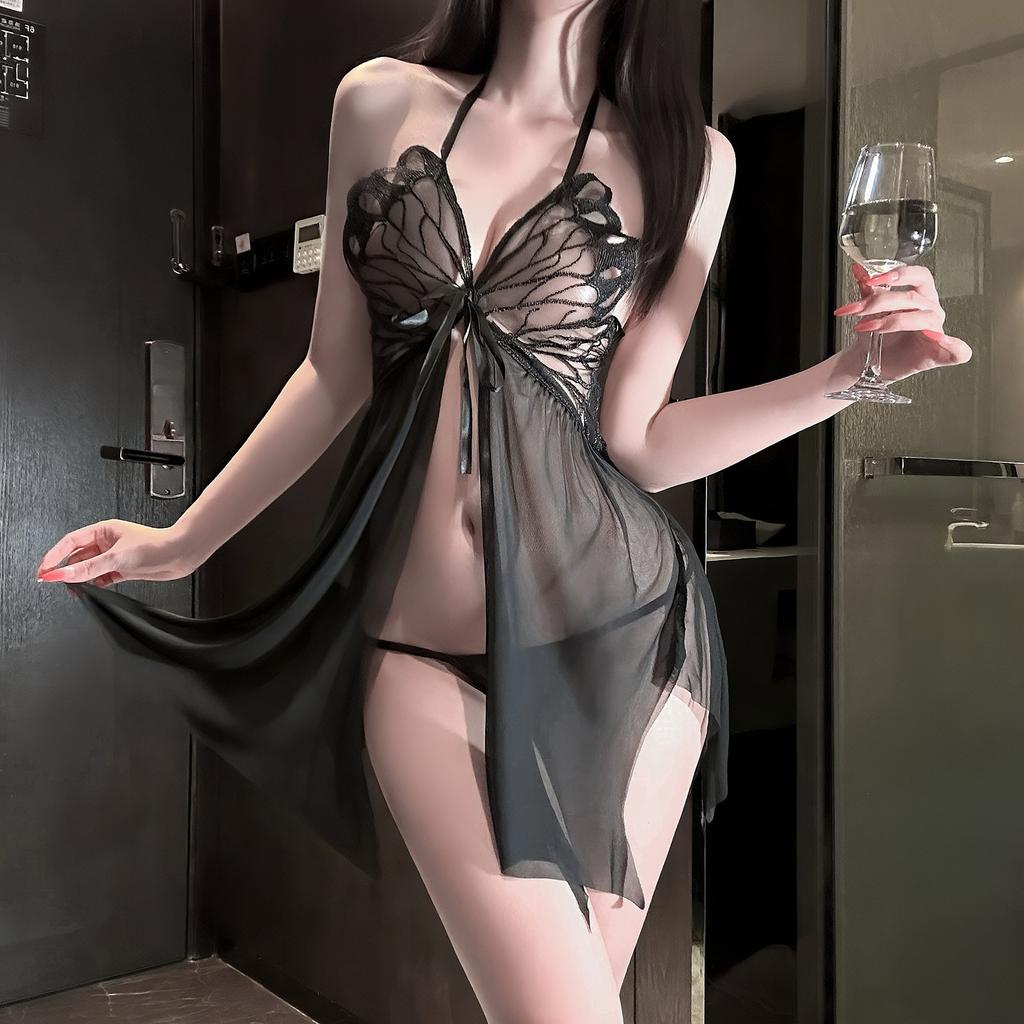 Mesh sex underwear butterfly large size pure desire backless temptation mesh perspective suspender nightdress uniform set