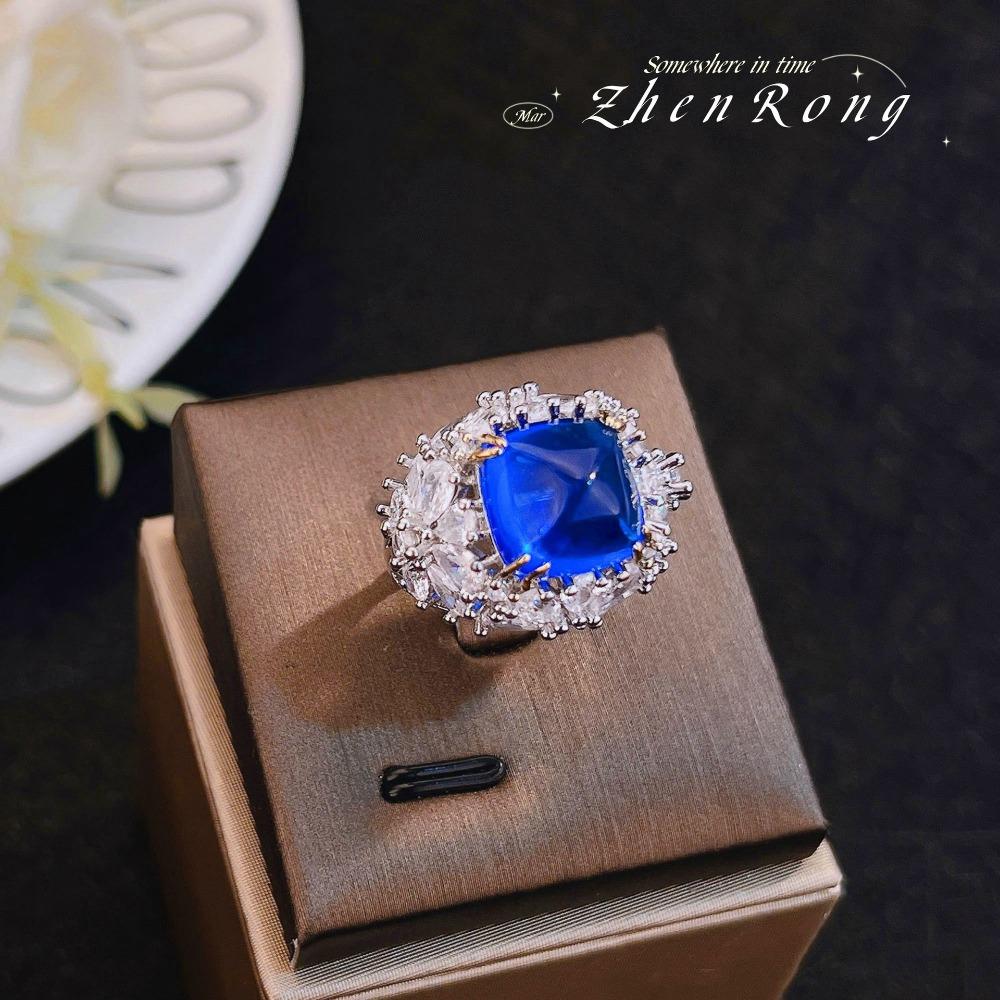 

Women Vintage Emerald Sugar Loaf Ring Full Diamond Royal Blue Fanta Color Gemstone Heavy Work Jewelry adjustable