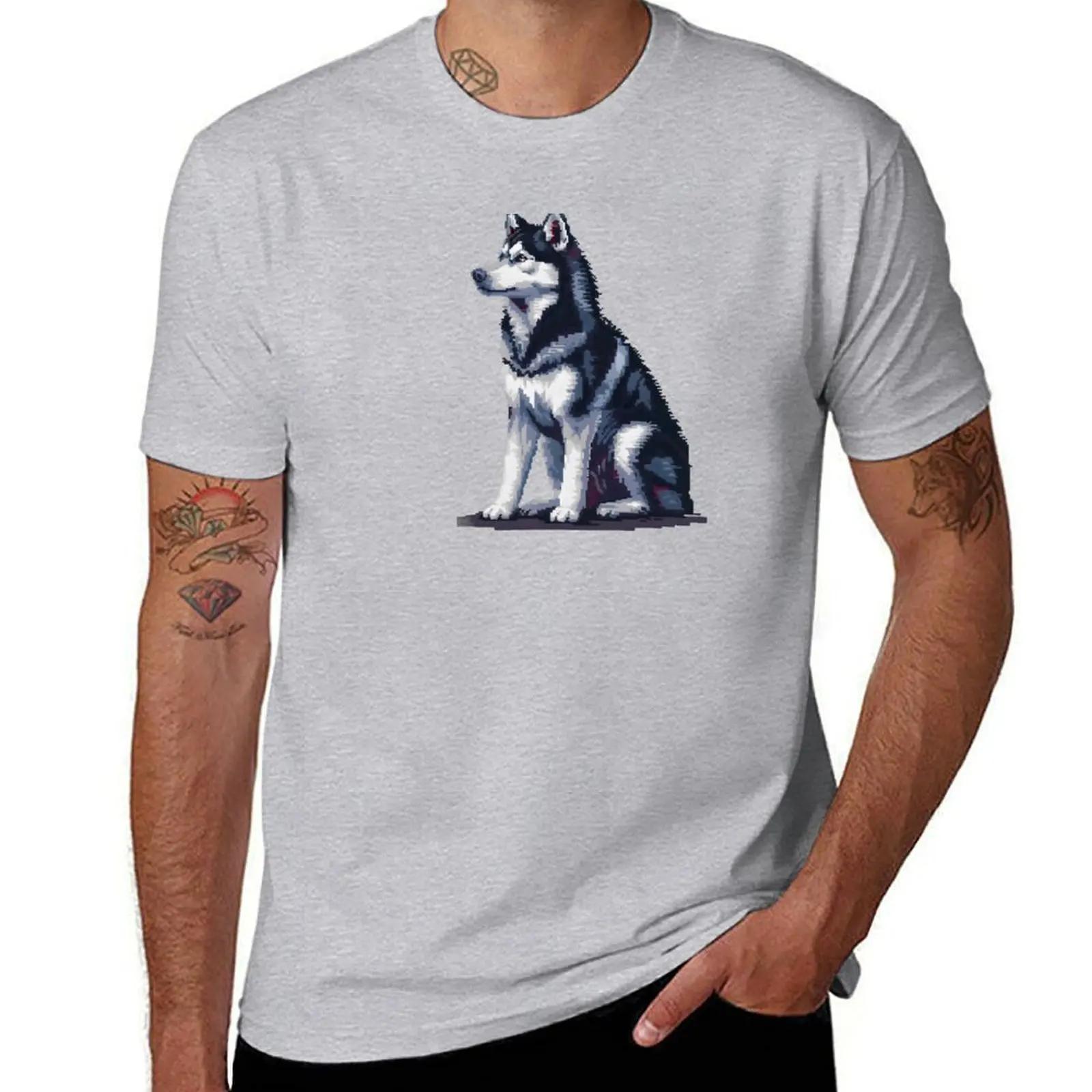Pixel Portrait Siberian Husky TShirt summer tops graphics Mens cotton tshirt S