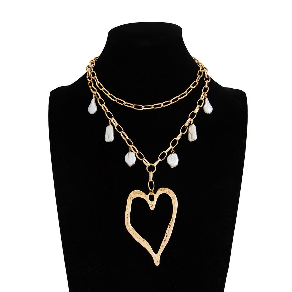 Exaggerated Metal Big Love Pendant Necklace, Fashionable Baroque Imitation Pearl Collarbone Chain Necklace