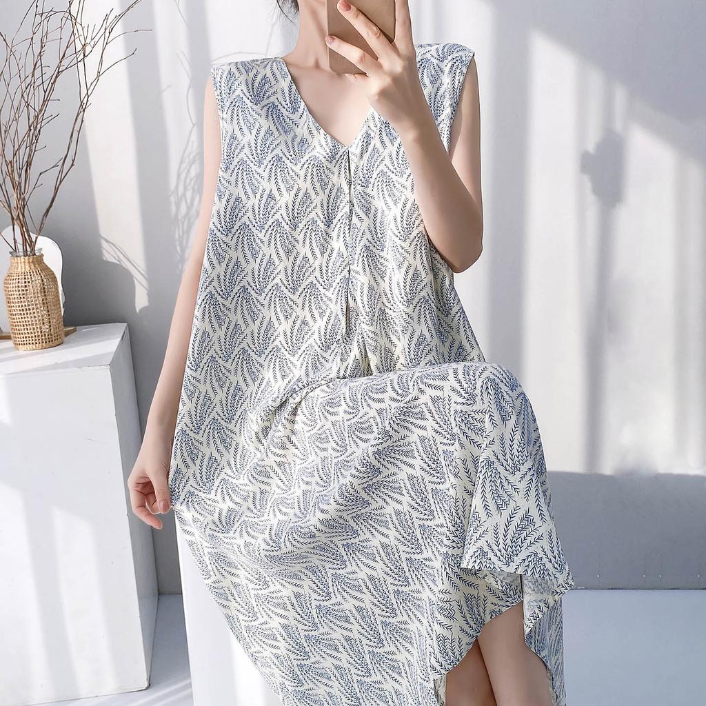 Retro style floral nightdress with chest pad women's summer thin anti-bumping loose large size can be worn outside loungewear skirt