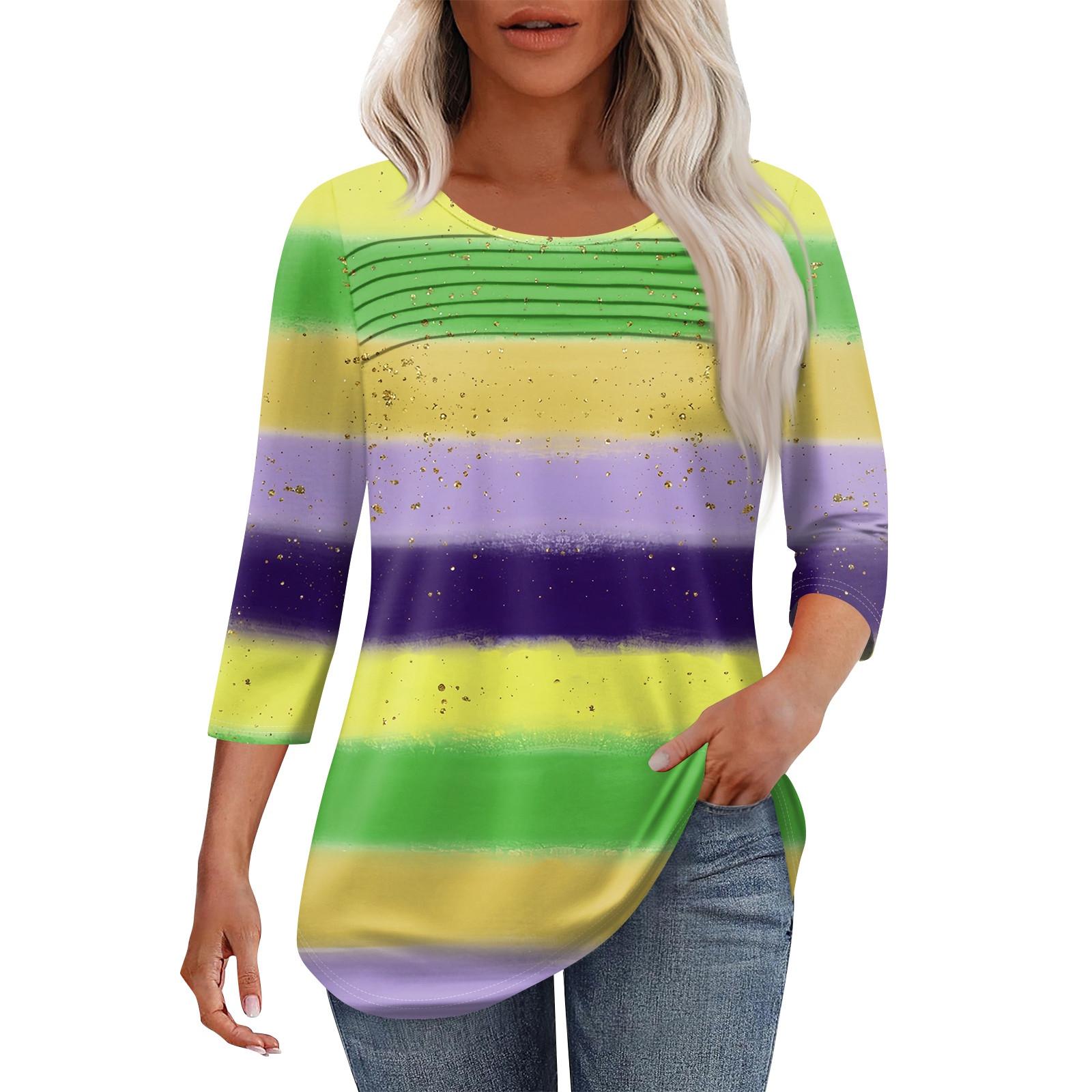 

Женская мода круглый вырез шея плиссированная передняя планка с принтом рукав 3/4 топ XL жёлтый