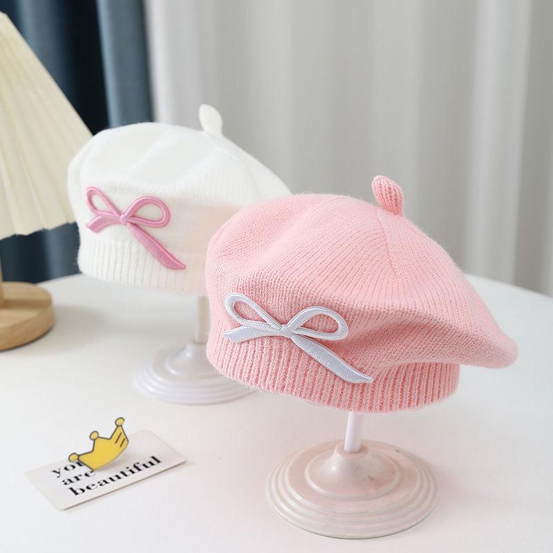 Girls Autumn Winter Beret With Sweet Embroidered Bow Warm Windproof Knitted Painter Hat For Baby Toddler 46-52cm красный