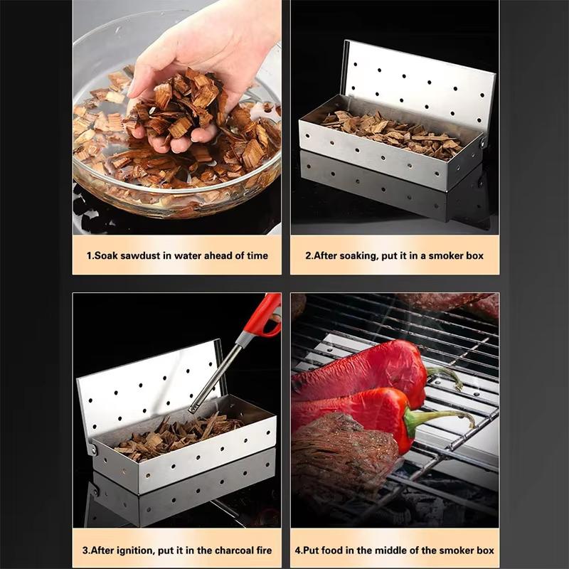 BBQ Smoker Box Stainless Steel Wood Chips Smoker Box with Hinged Lid Heavy Duty BBQ Smoke Box For Charcoal Grilling YY224