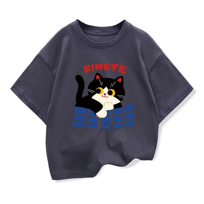 2026 New Cute Kitten Print 100% Cotton T Shirt for Kids Boys Girls Loose Fit Short Sleeve Soft Casual Summer Top 1-12 Years