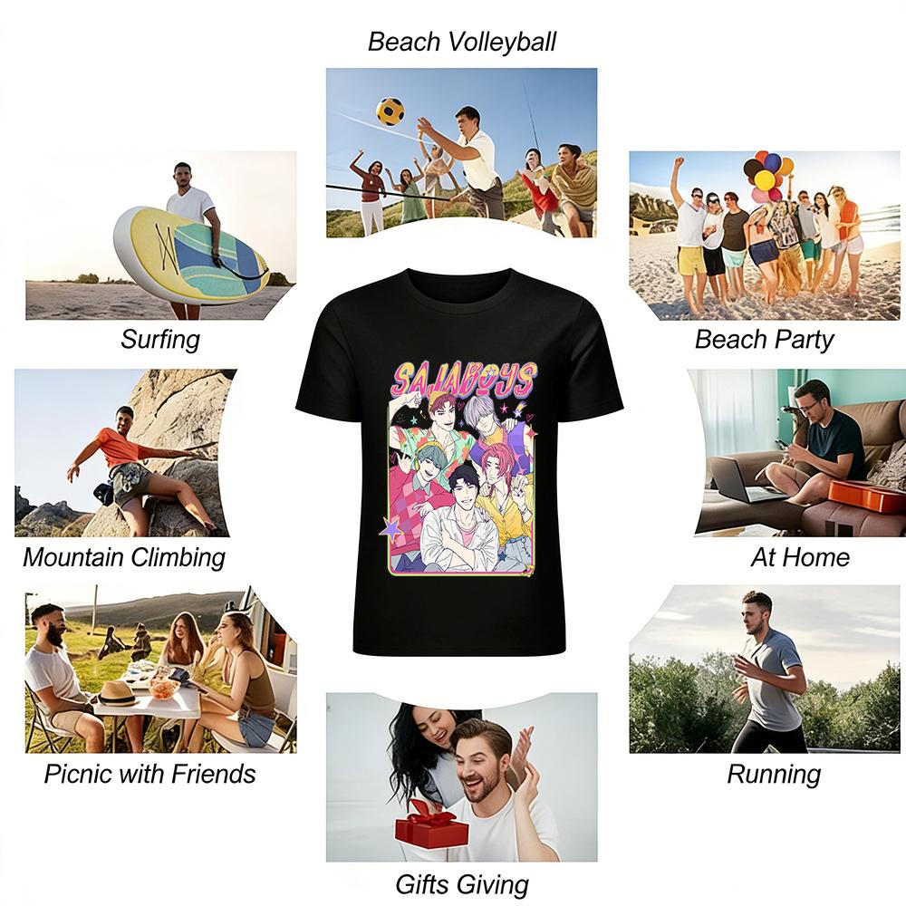 SAJABOYS K-pop Group Print T-shirt Retro Anime Idol Fan Support Casual Short Sleeve Top Pure Cotton T-shirt
