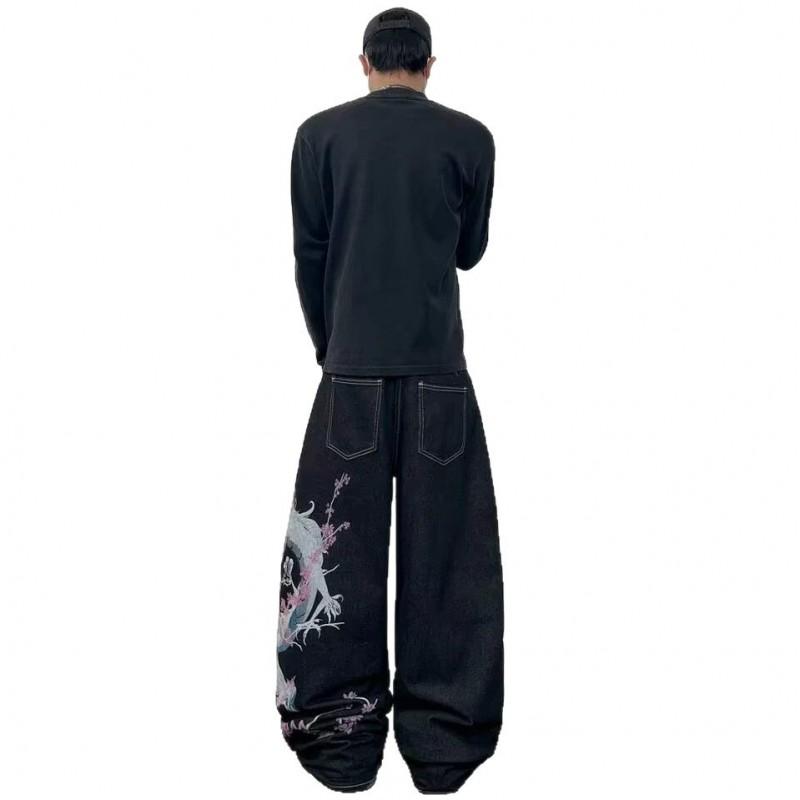 Damskie Jeansowe Spodnie z Wysokim Stanem i Szerokimi Nogawkami z Nadrukiem Smoka Styl Streetwear Codzienne Spodnie