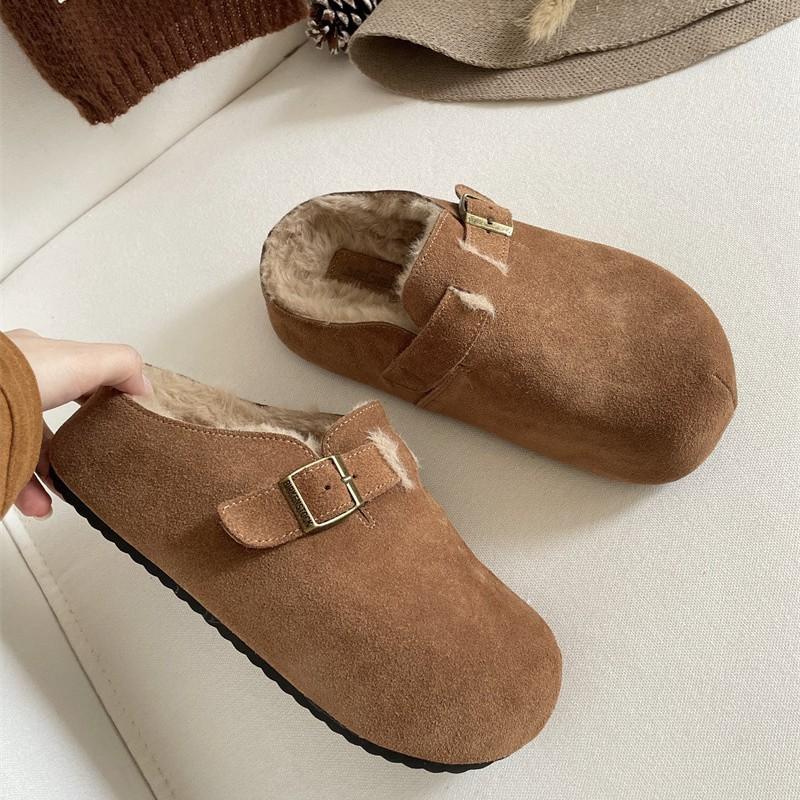 2025 new autumn and winter leather inner heightening loafer cotton drag loafer shoes women's bag head half slippers outer hair slippers