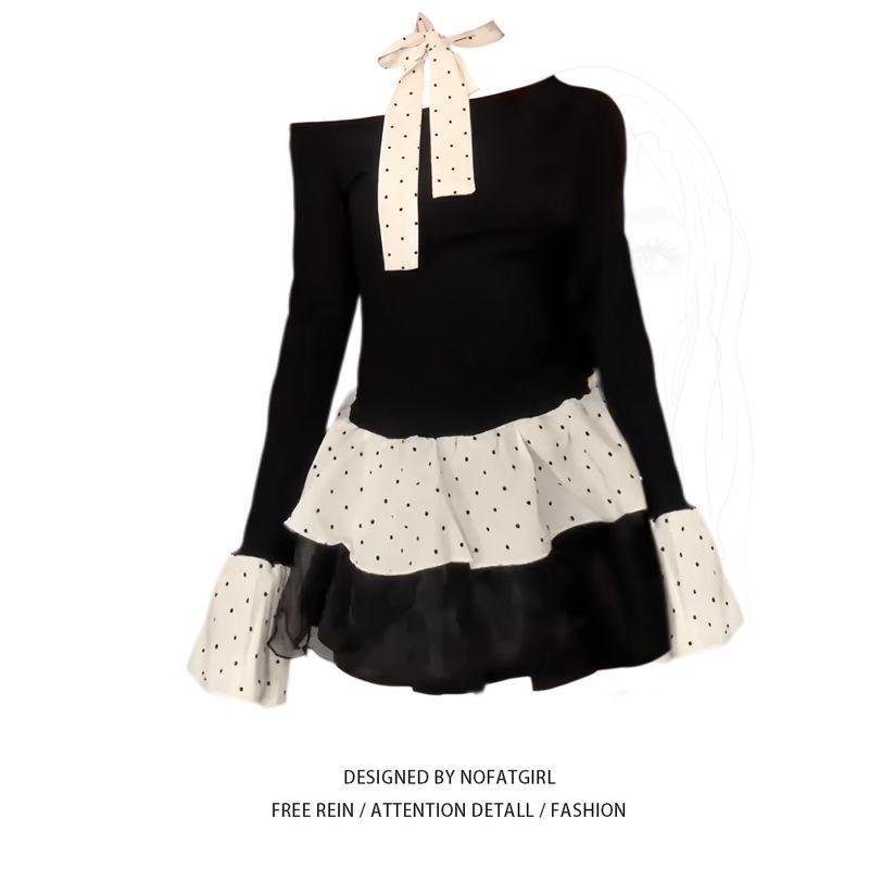 

Girls Patchwork Polka Dot Long Sleeve T-shirt Female Spring/Summer New Arrival Sexy Pure Desire Oblique Shoulder Fake Two-Piece Bottoming Shirts Tops Fake Two-Piece Top M