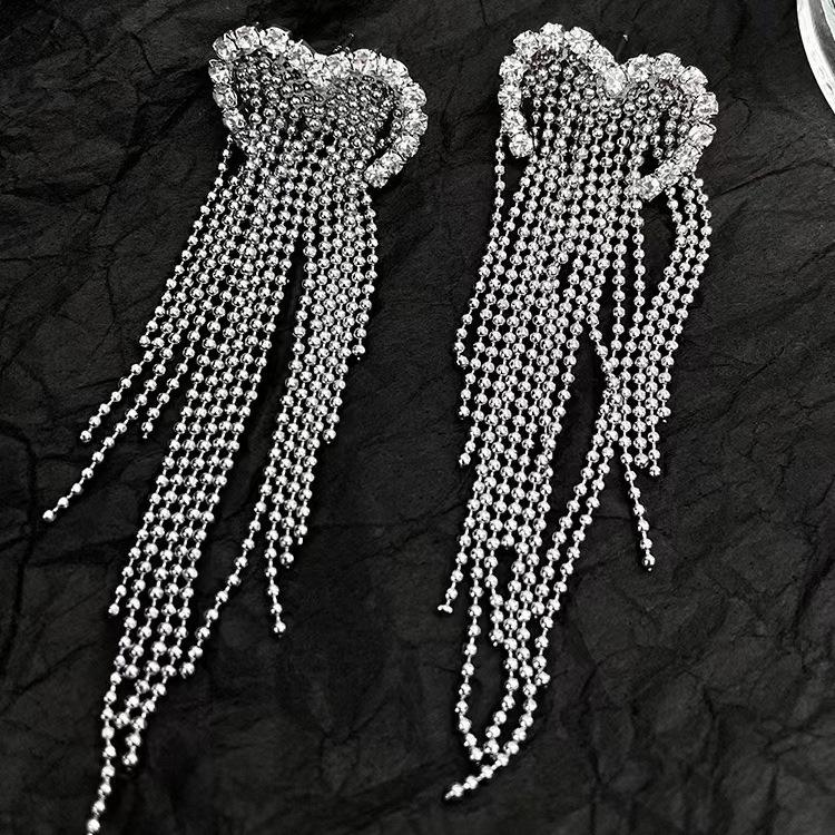 Silver Needle Diamond Love Fringed Earrings Women, Fashion Light Luxury Face Skinny Long Earrings Earrings