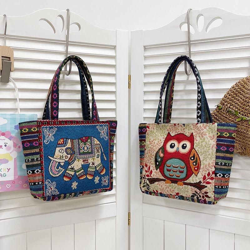 Ethnic Style Handbag Trendy Animal Embroidery Handbag Canvas Women Shoulder Bags Women Grocery Storage Pouch