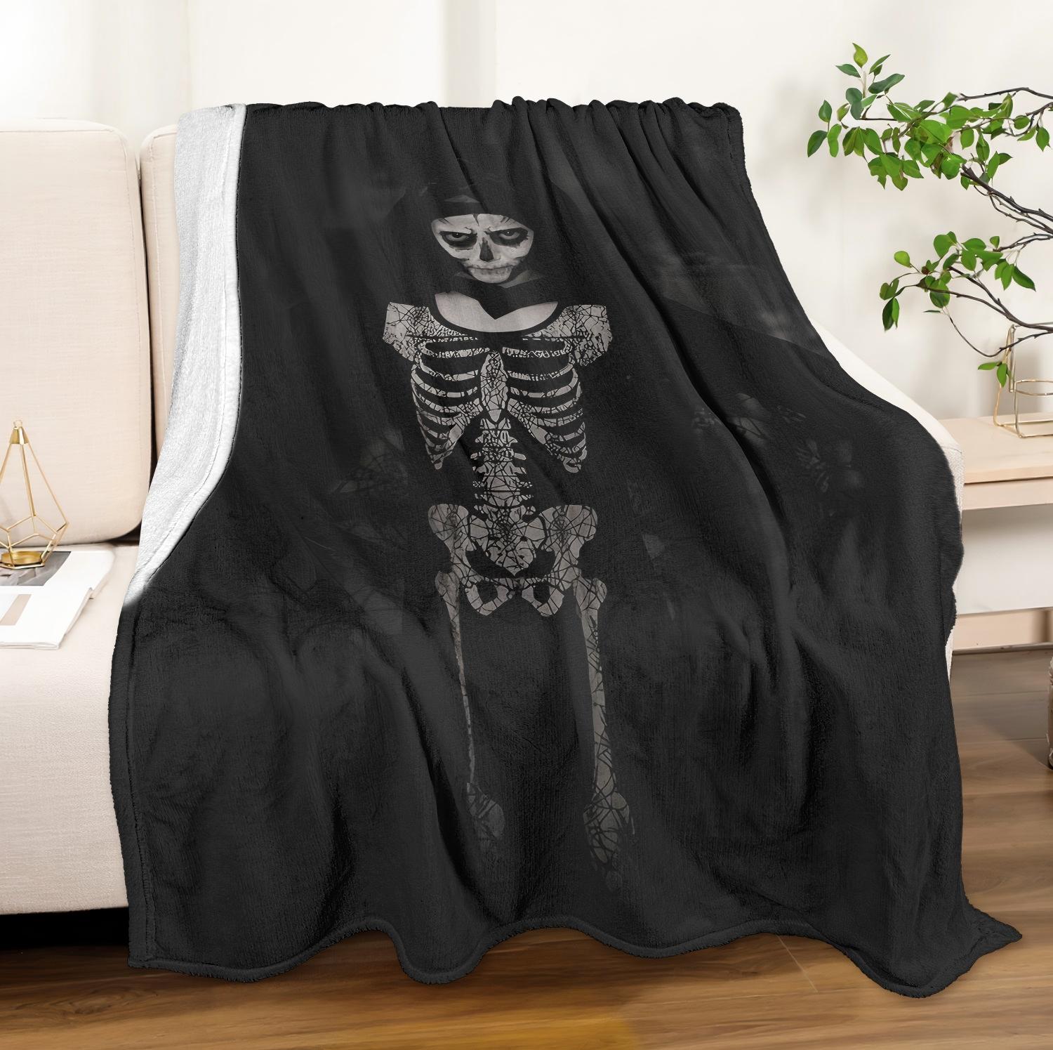 1PC Halloween Throw Blanket Spooky Theme skeleton horrible arts Thin Blanket Gifts for Couch Bed Car Home Camping all season use 75cmx90cm