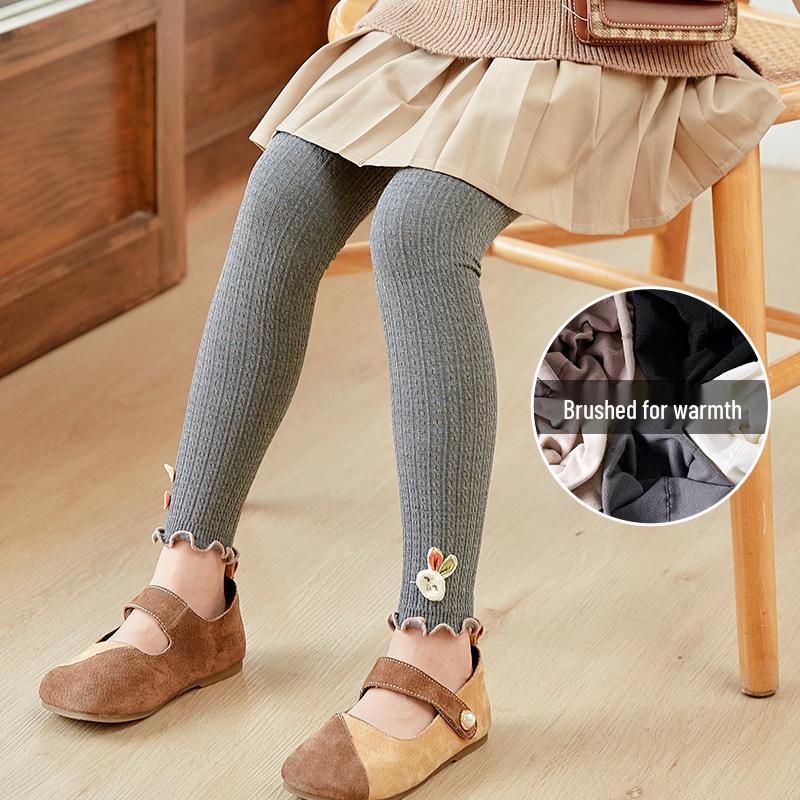 Girls' Fleece-Lined Cable Knit Leggings with Lace Trim for Autumn & Winter