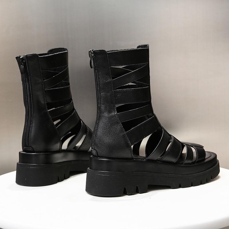 Trendy black Martin boots 2025 new summer casual women's short boots sandals Roman hollow cool boots platform boots
