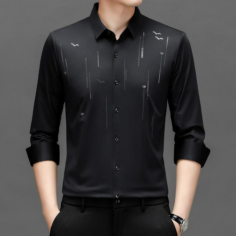 Men's Long-sleeved Shirt Seagull Print Spring and Autumn Fashion Stretch Seamless Non-iron Casual Shirt Men