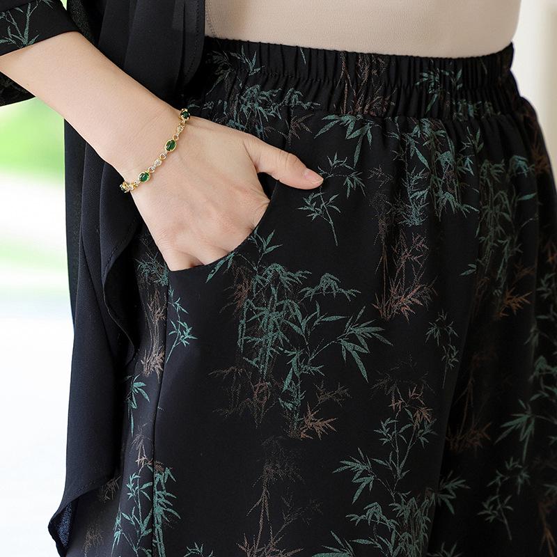 2025 Summer Chinese Style Wide-Leg Pants & Temperament Two-Piece Set for Middle-Aged Women