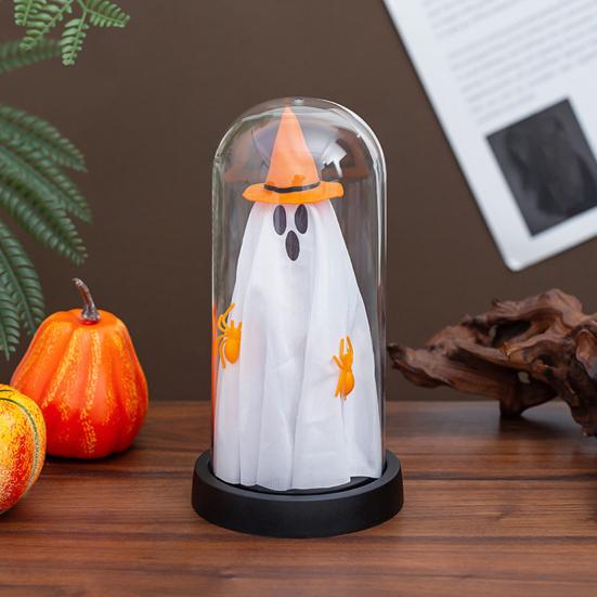 Yousheng Halloween Ghost Decor Light Up Ghost in Glass Cloche with Wood Base Cute Ghost Night Light Decoration for Table Shelf Fireplace Room Decor