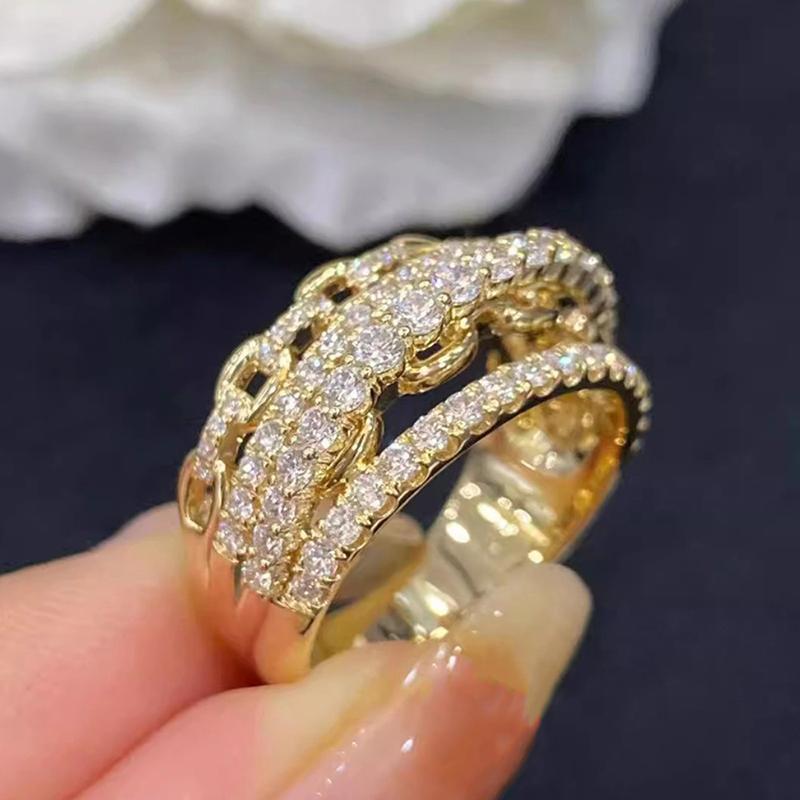 Fashion Multi Layered Design Ring Female Luxury Gold Color Wide Finger Jewelry with Bright Zirconia Chain Accessories