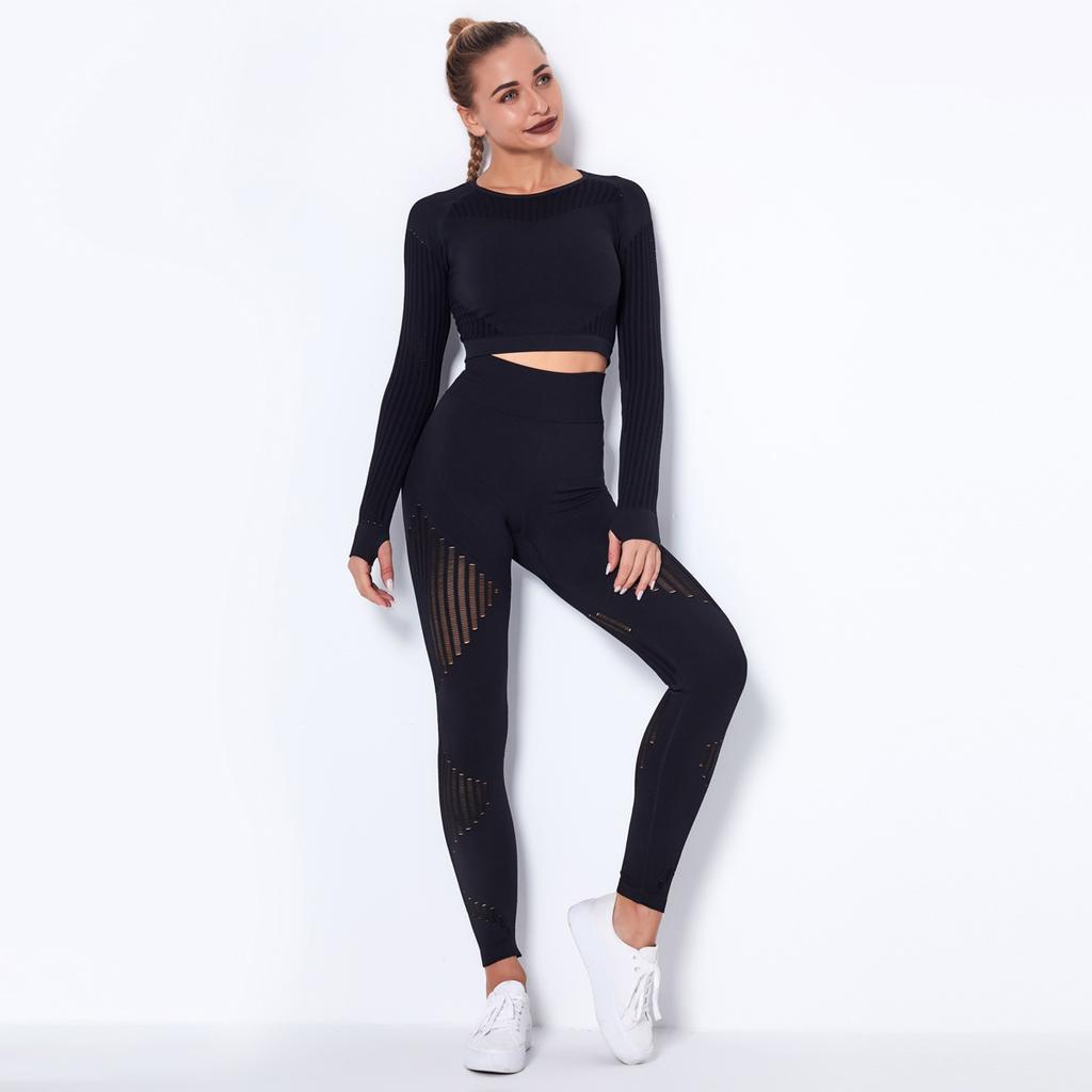 Set Yoga Donna 2 Pezzi Completi Senza Cuciture Manica Lunga Sexy Rete Forata Traspirante Set Palestra Push Up Tuta Abbigliamento Sportivo