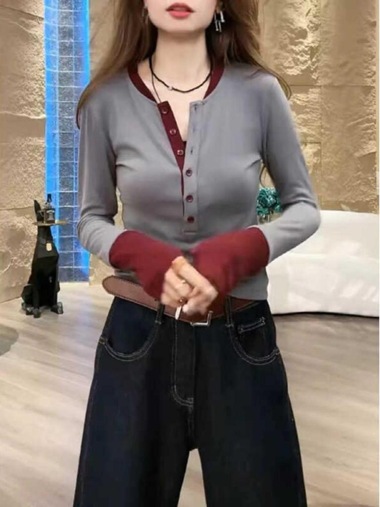 Women's Cotton Retro Colorblock Long Sleeve T-Shirt - 2025 Plus Size Slimming Inner Base Layer for Early Autumn