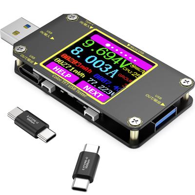 YEREADW USB Obrotowy Czarny Tester Napięcia/Prądu, Multimetr 2 w 1, Złącze Type-C, 0-8A, 4,5-24V, Ekran 360°,