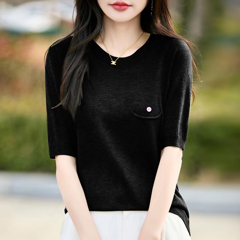 

Весенний женский шерстяной вязаный свитер с короткими рукавами и круглым вырезом XXL чёрный