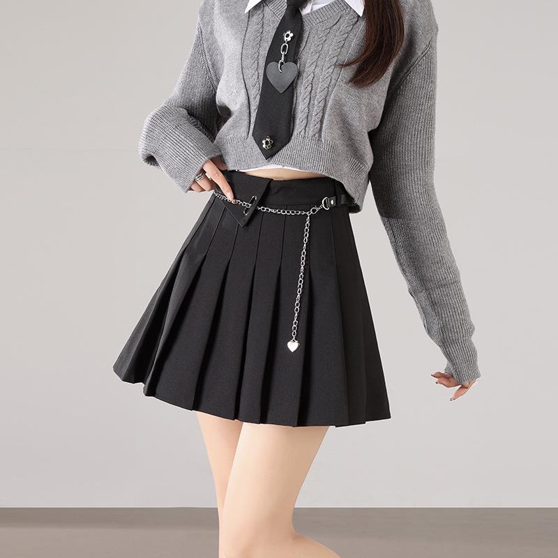 2025 Academy-Style High-Waist Pleated Skirt with Waist Chain - Versatile Slimming Short Skirt, Sweet or Cool Style Large чёрный