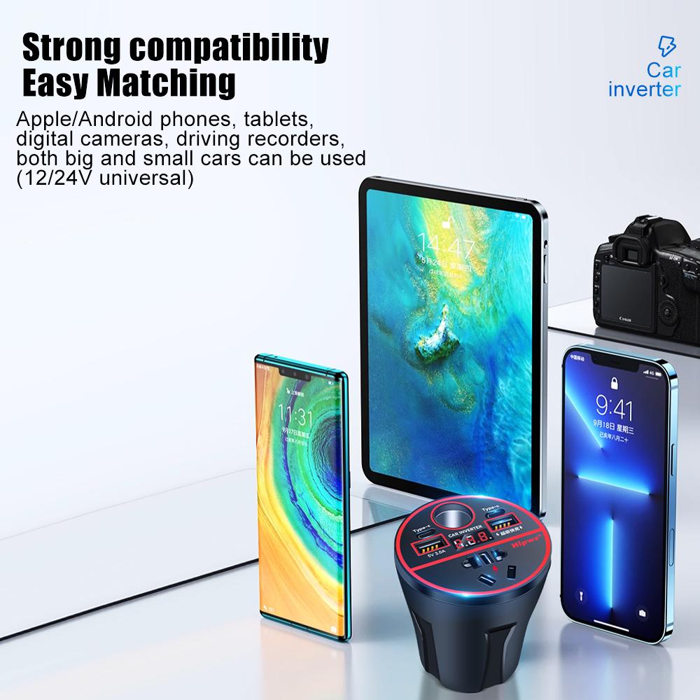 QC3.0+PD Type C Digital Vehicle Charger Quick Charge Cigarette Lighter Inverter 200W Car USB Fast Charging USB Charger Adapter Universal