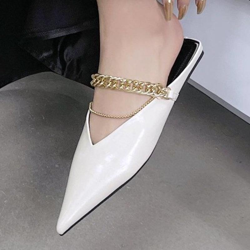 Women's shallow mouth Baotou slippers fairy style spring and summer niche chain flat outside pointed single shoes