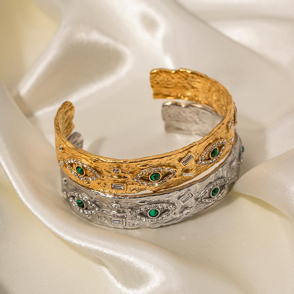 INS Style 18K Gold Titanium Steel Malachite Devil Eye Open Bracelet