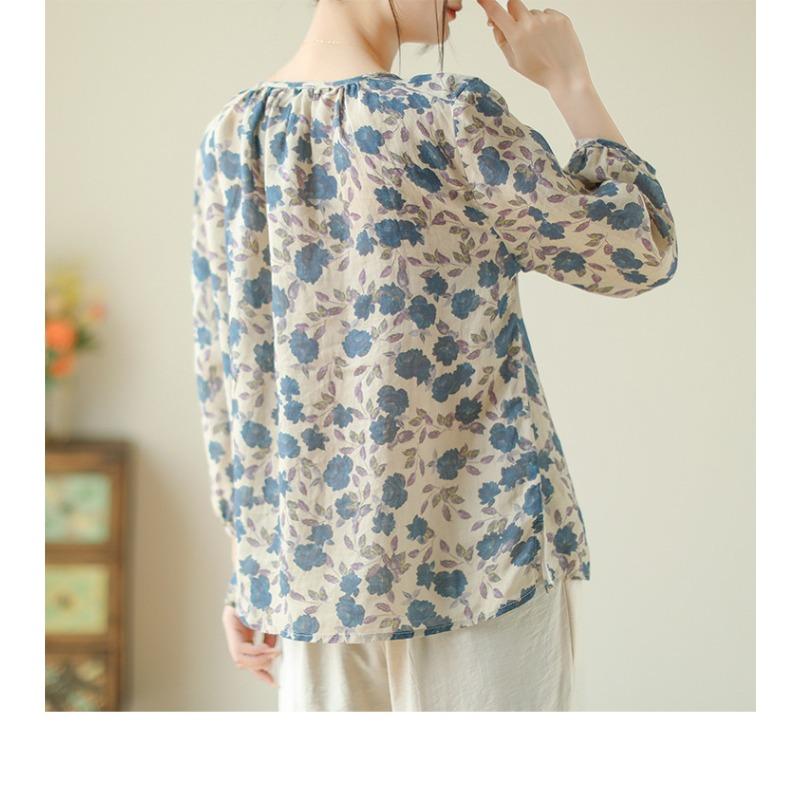 Doll Shirt Women's Loose Cotton Linen Shirt Printed Sweet and Artistic Early Autumn Ramie Lightweight Shirt