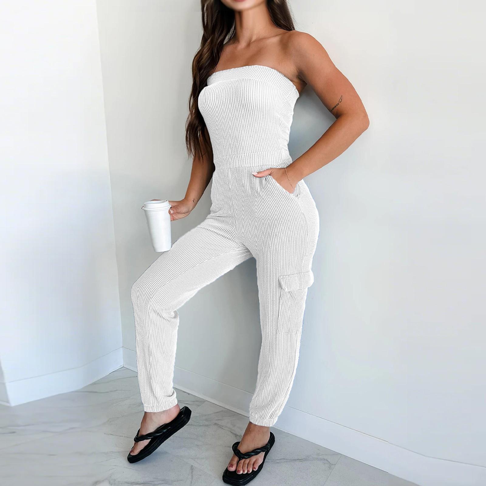 

Женский стильный однотонный повседневный трикотажный ромпер без рукавов XL белый