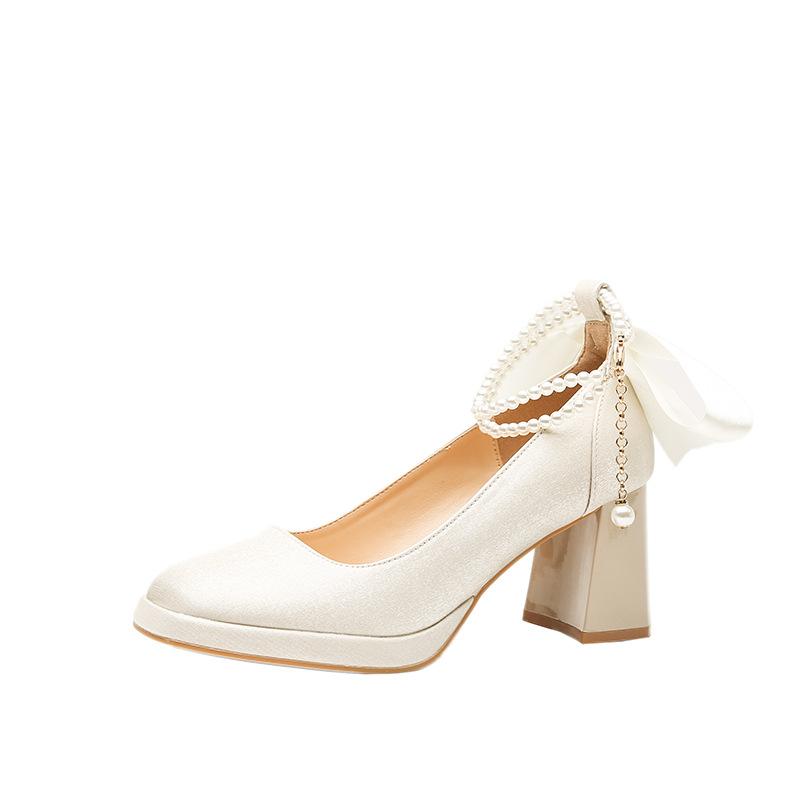 Thick-soled Waterproof Platform Petite Mary Jane Shoes for Ladies Bridesmaids High Heels