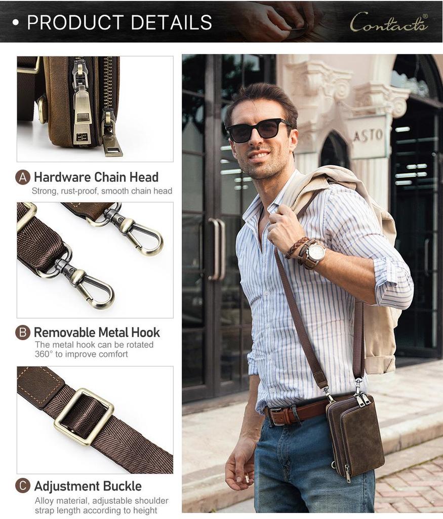 Black Angel Retro Men's Crazy Horse Leather Crossbody Phone Bag