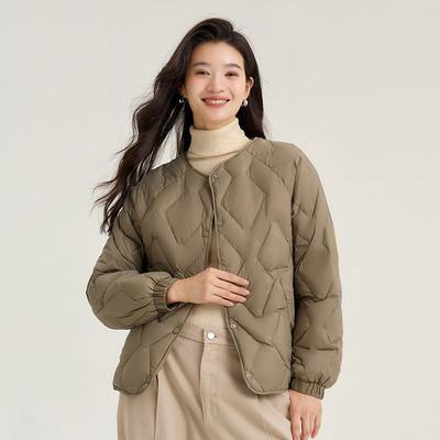 Rhombus Crew Neck Down Jacket Women's Short 2025 Autumn and Winter Fashion Outer Wear Casual Warm White Duck Down Top Jacket Tide