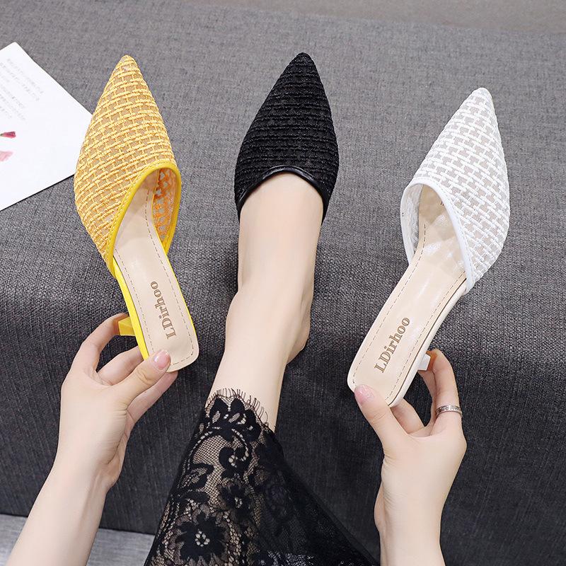 2020 Baotou half slippers women wear thin heels retro mesh high heels cool slippers pointed fairy style women's shoes