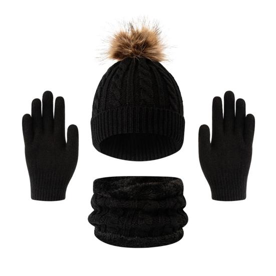 

Набор из 3 предметов для женщин: шапка, шарф, перчатки, однотонный, с плюшевым помпоном, шапка с текстурой «косичка», флисовая подкладка, грелка для шеи, набор перчаток чёрный