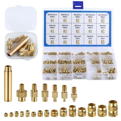 LEONTOOL 307-Piece Insert Nut Set, M2, M2.5, M3, M4, M5, M6, 1/4-20, Threaded Insert Assortment Kit, Threaded Inserts for Plastic Sets, Brass Nut Inse