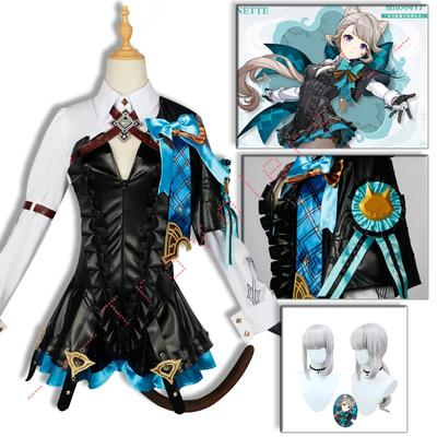 Lynette Cosplay Kostüm Perücke Fontaine Leder Cosplay Kostüm Uniform Kleid Ohren Rock Handschuh Outfit Schwanz Zauberer