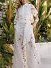 2025 Summer Women's Solid Color Casual Hollow Out Cardigan & Wide Leg Pants Set