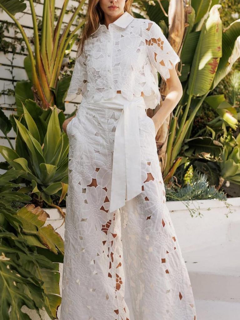 2025 Summer Women's Solid Color Casual Hollow Out Cardigan & Wide Leg Pants Set