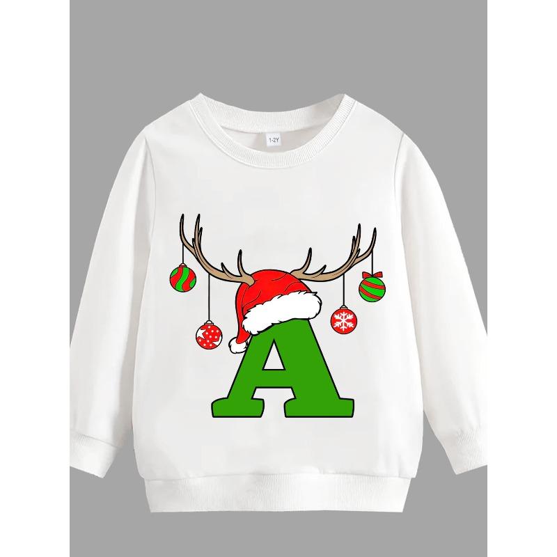 Kids Sweatshirt Letter A Santa Hat with Reindeer Antlers Print Pattern Fleece Warm Unisex Top Fashion Print Pattern Wear Casual Long Sleeve
