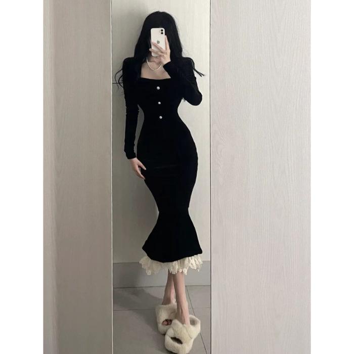 

2026 High-End Autumn Mermaid Skirt with Ruffles Slim-Fit Retro Drape Dress for Women Small чорний