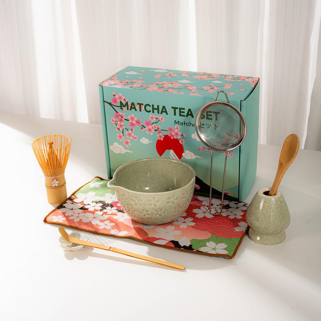 Japanese Matcha Tea Set With Cherry Blossom Pattern, Bamboo Whisk, Ceramic Matcha Bowl, Matcha Making Kit, Tea Utensils Set Gift