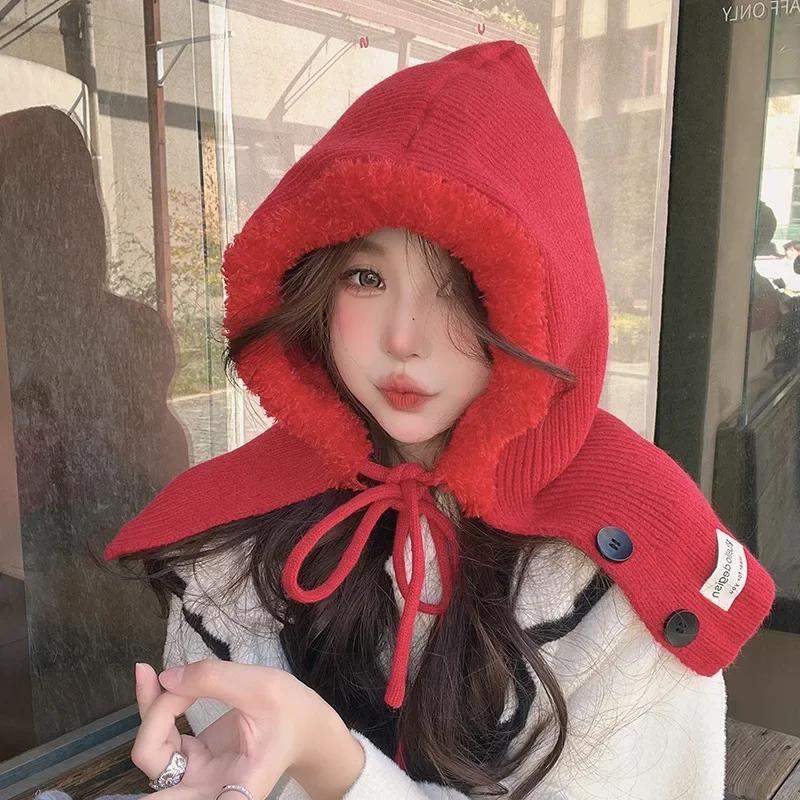 Balaclava Plush Patchwork Button Hood Scarf  Hats for Women One Autumn and Winter Neck Guard Lace-up Lazy Knitted Hat  Beanie