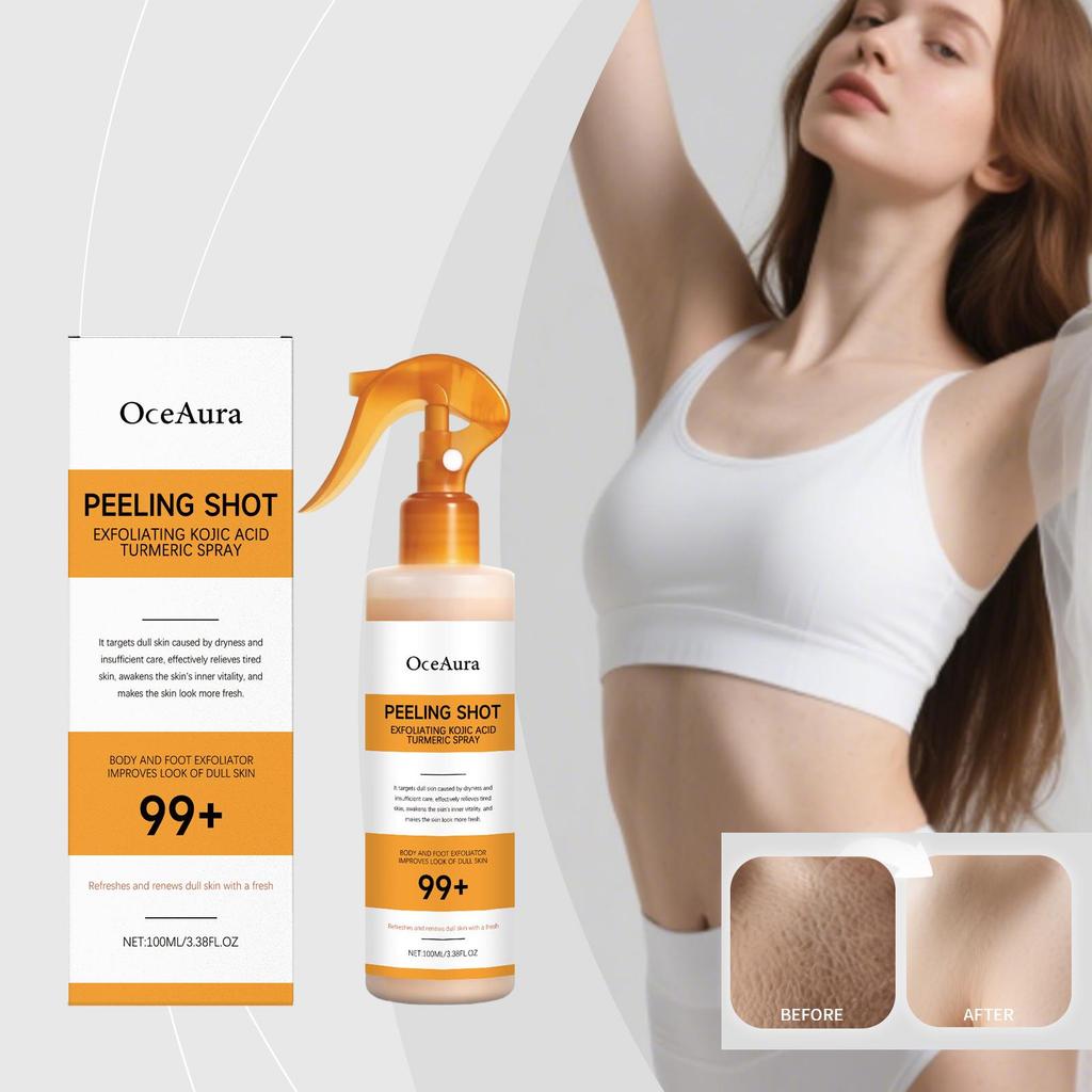 OceAura Exfoliační sprej na tělo s kyselinou kojovou a kurkumou, Jemný čistič pleti na záda, ruce a nohy, Denní hydratační péče pro drsnou pokožku 100 ml
