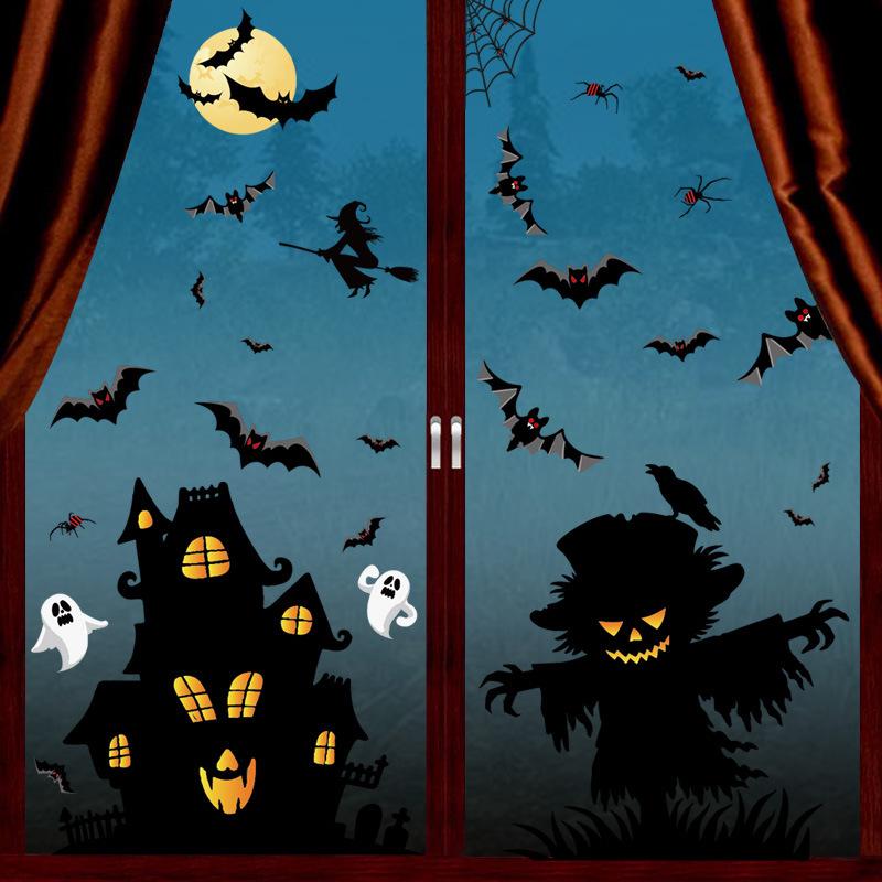 Halloween Cartoon Wall Sticker: Skull, Pumpkin, Balloon, Scarecrow, Self-Adhesive Glass Decal