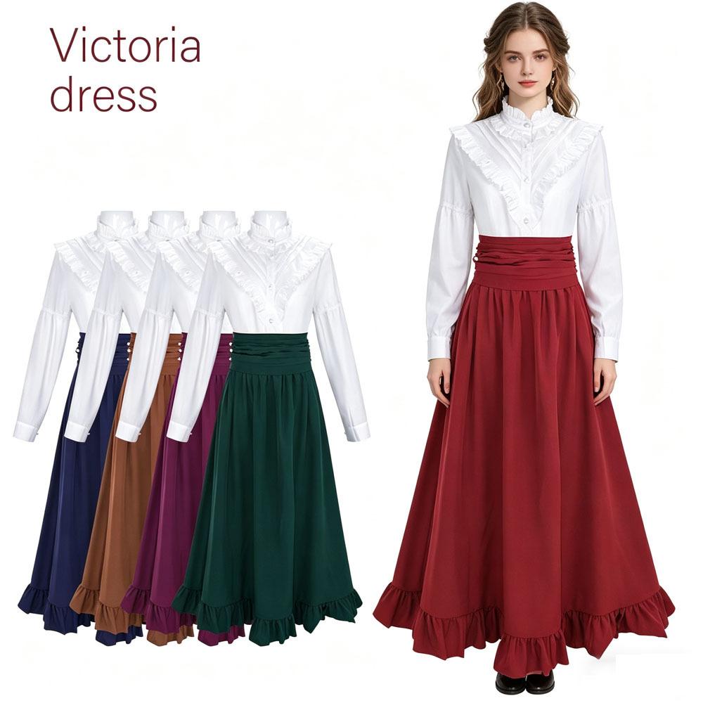 Vestido victoriano renacentista vintage, conjunto de camisa con cuello alto fruncido y falda, adecuado para cosplay, fiestas de té y eventos temáticos