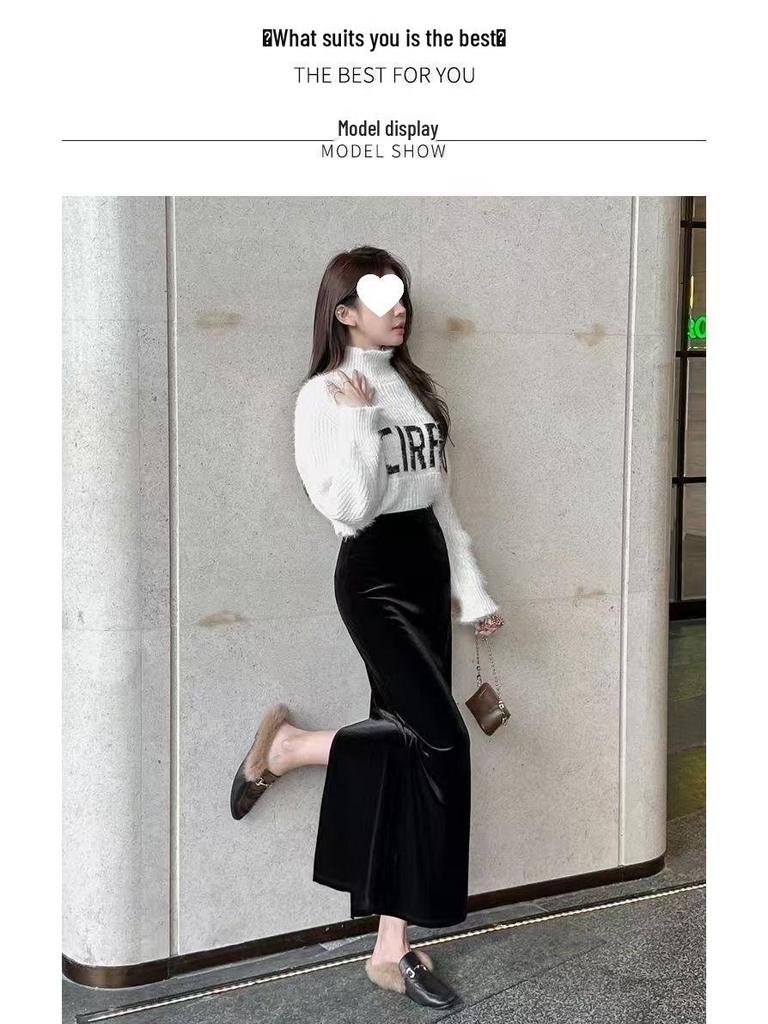 Black Gold Velvet High-Waist Midi Skirt with Slit - Retro Slimming Pencil Style for Autumn/Winter 2025