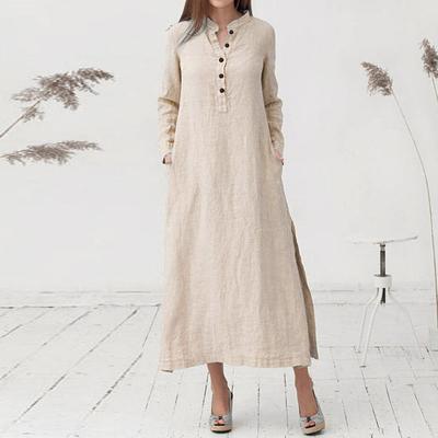 Vestido retro de lino y algodón de talla grande, holgado, informal, de manga larga, color sólido, informal, para mujer